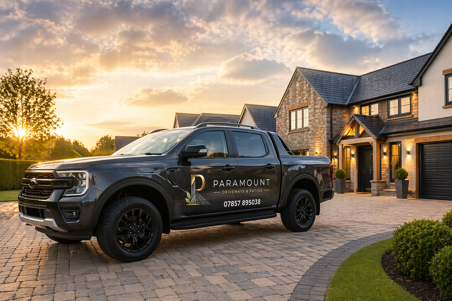 The Paramount Driveways & Patios team van outside a finished block-paved driveway